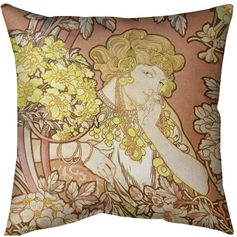 Coussin alphonse mucha femme entre les fleurs, Orange, Faux lin