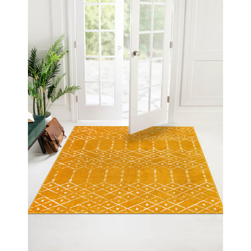 Tapis en polypropylène tissé à la machine à motif géométrique bleu Lazaro, Carré 7 pi 10 po