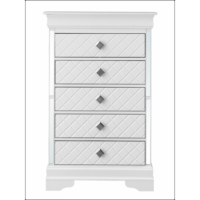Commode Verona G6790-CH, finition champagne argentée avec design en X en relief et tiroirs durables pour les chambres modernes