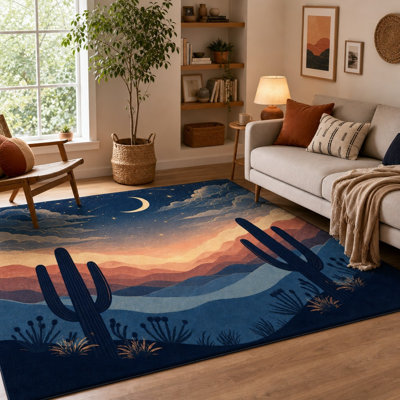 1Pcs Desert Night Landscape Printing Area Rug, Cactus Moon Sky Pattern Floor Carpet, Artistic Home Decor, Non-Slip Washable Indoor for Living Room Bedroom Kitchen for home detor