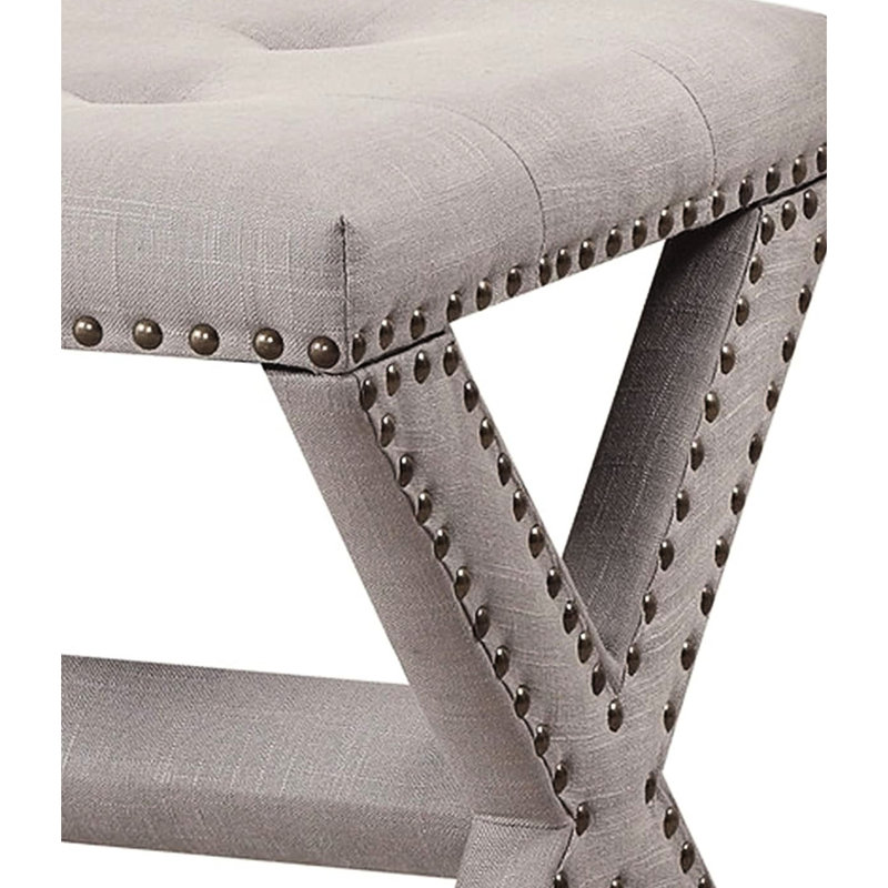 Banc décoratif en mélange de lin gris avec garniture cloutée pour le vestibule, structure en bois franc durable, rembourrage en mousse haute densité, salon l 19 po x l 17 po, rembourré d'ingénierie,