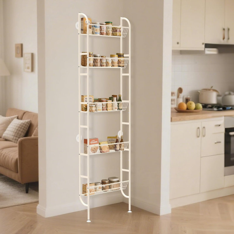 5-Tier Off-White Narrow Metal Wall Shelf - Space-Saving Behind-the-Door Storage for Kitchen/Bathroom/Living Room