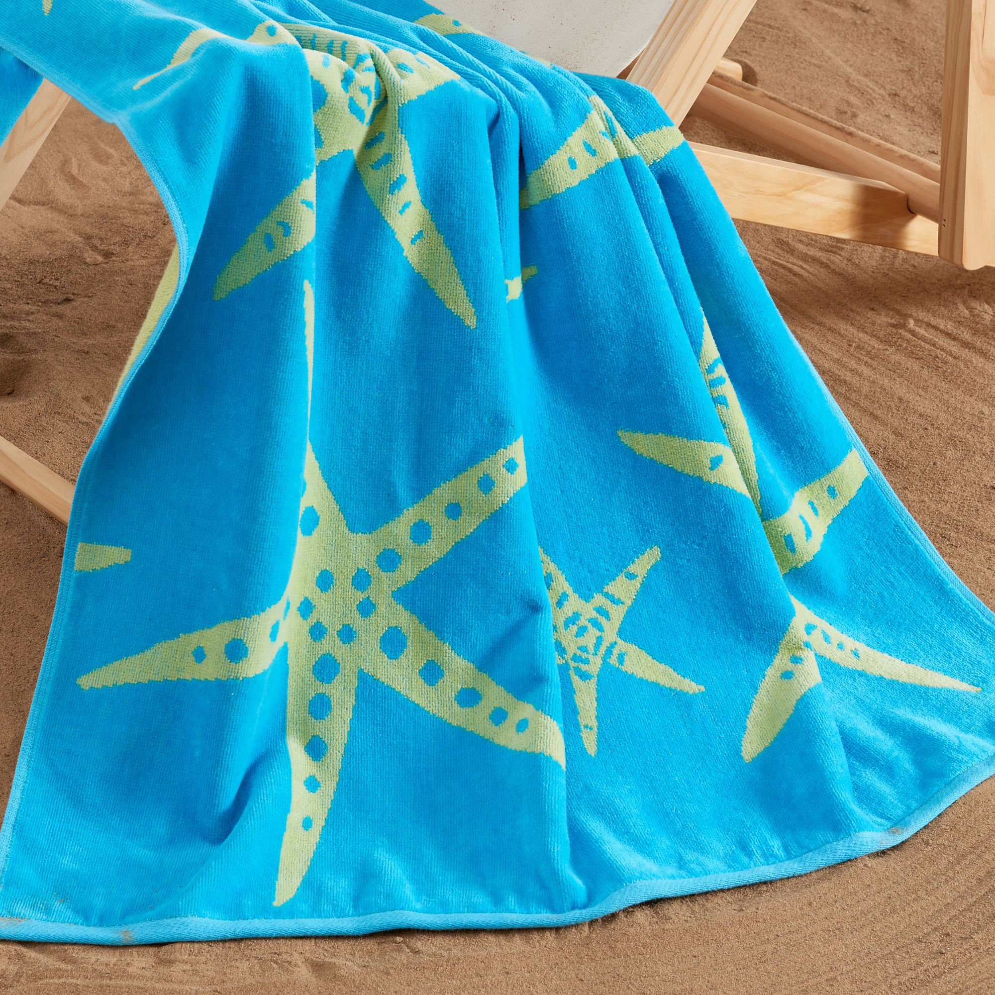 100% Cotton Jacquard Printed 2 Pack Beach Towels, Blue/Yellow Starfish & Stripe