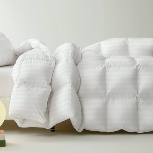 Down Feather Comforter with Quality Duvet Insert, Medium Warmth & High Fill Power, Fluffy Cotton - Blend Stripe Cover with 8 Corner Tabs