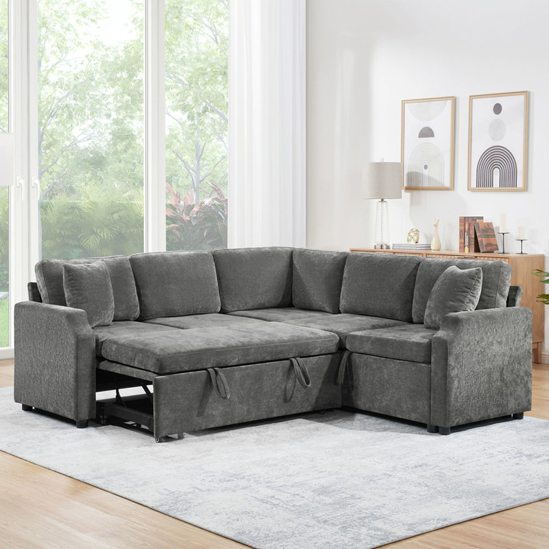 Canapé modulaire Canapé-lit modulaire en L de 81,9 po avec canapé-lit et compartiment de rangement dissimulé, Gris chenille