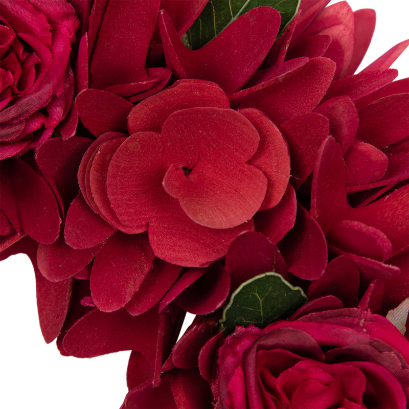 Rose Floral Wooden Spring Wreath - 14" - Fuchsia Pink