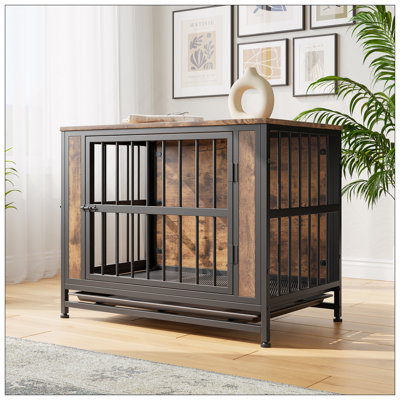 Table de cage décorative en bois pour chien avec 2 portes coulissantes, structure en fer épais et finition brun rustique pour chiens de taille moyenne / petite