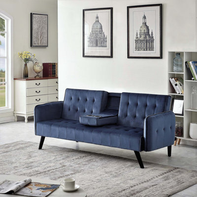 Convertible Velvet Sleeper Sofa with Cup Holders and Tufted Design