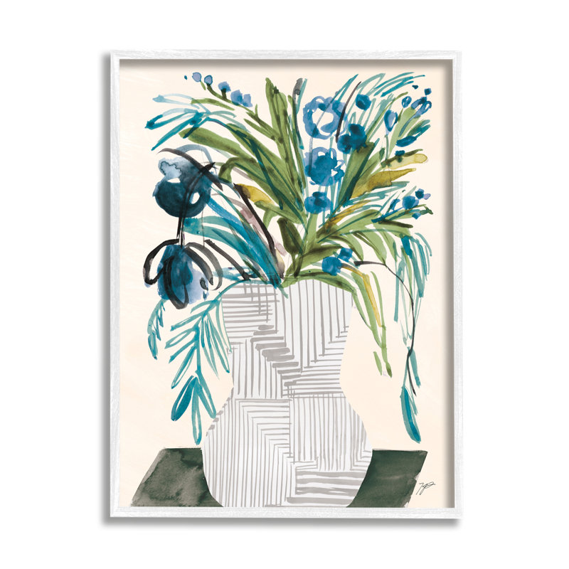 Arrangement floral abstrait moderne en cascade de fleurs bleues par - Peinture, H 30 po x l 24 po