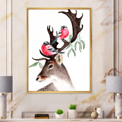 Cerf avec deux bouvreuils rouges - reproduction sur toile