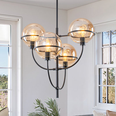4-Light Modern Cluster Globe Chandelier with Amber Glass Shades, Matte Black Adjustable Height 29.9"-85" for Dining Room Kitchen Island Living Room, ETL Listed