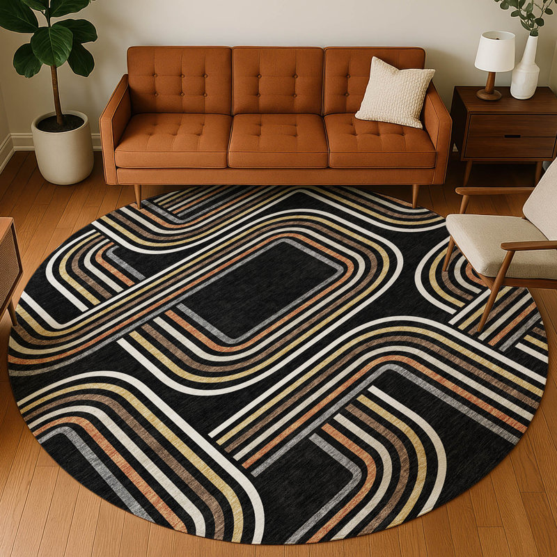 Machine Washable Indoor/Outdoor Chantille ACN2535 Geometric Rug, Round 8', Black