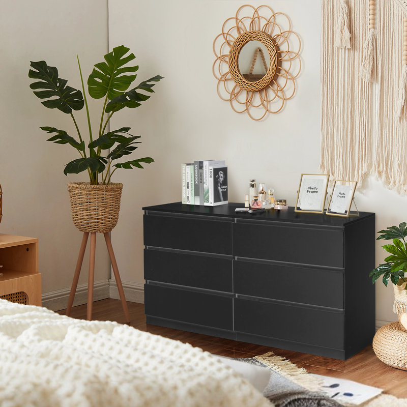 Commode double en bois manufacturé à 6 tiroirs l 55 po Charlan, Noir