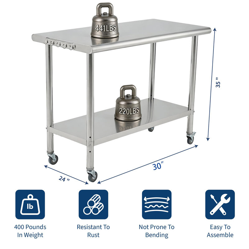 Table de préparation commerciale en acier inoxydable 30 x 24 x 35 po, poste de travail 201 robuste avec tablette réglable - pour la préparation des aliments de cuisine de restaurant - Bord arqué - avec roulettes