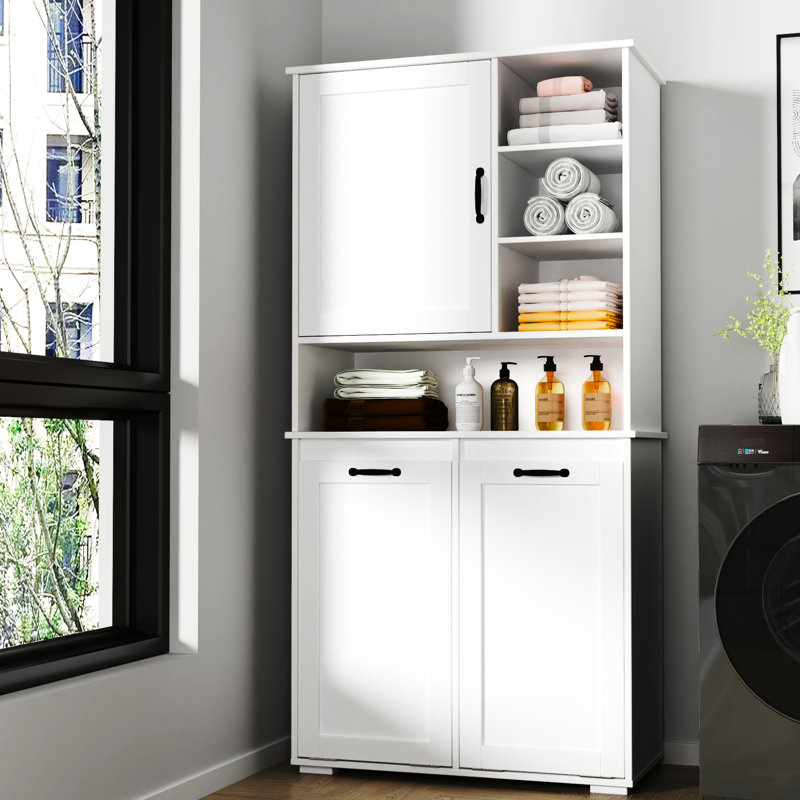 White Laundry Cabinet With Adjustable Shelves - Doors, Shelf, Tilt-Out Hamper, , Freestanding Ample Storage Freestanding, White,
