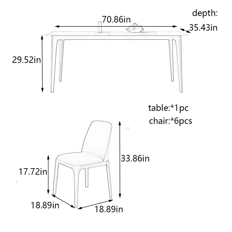 Rock plate solid wood dining table and chair set, 29.52"H x 70.86"L x 35.43"W