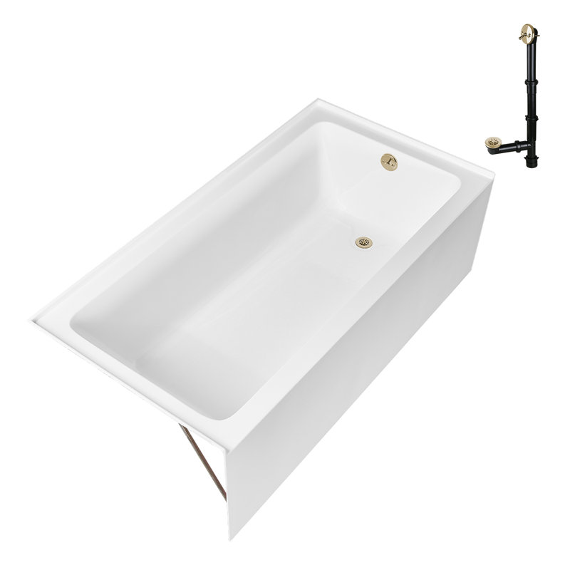 Baignoire en alcôve en acrylique blanc brillant avec drain extérieur 66 po x 32 po Streamline, Laiton poli