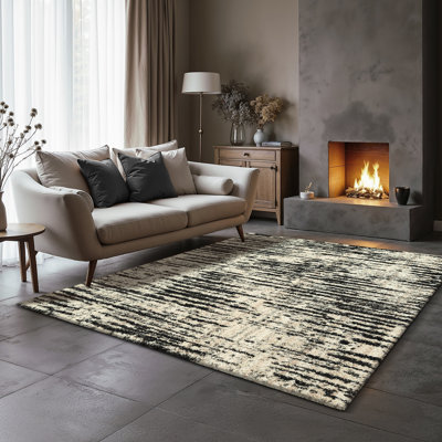 Loft Collection Shag Soft Rug Abstract Design Indoor Area Rug, Gray/Ivory Striped