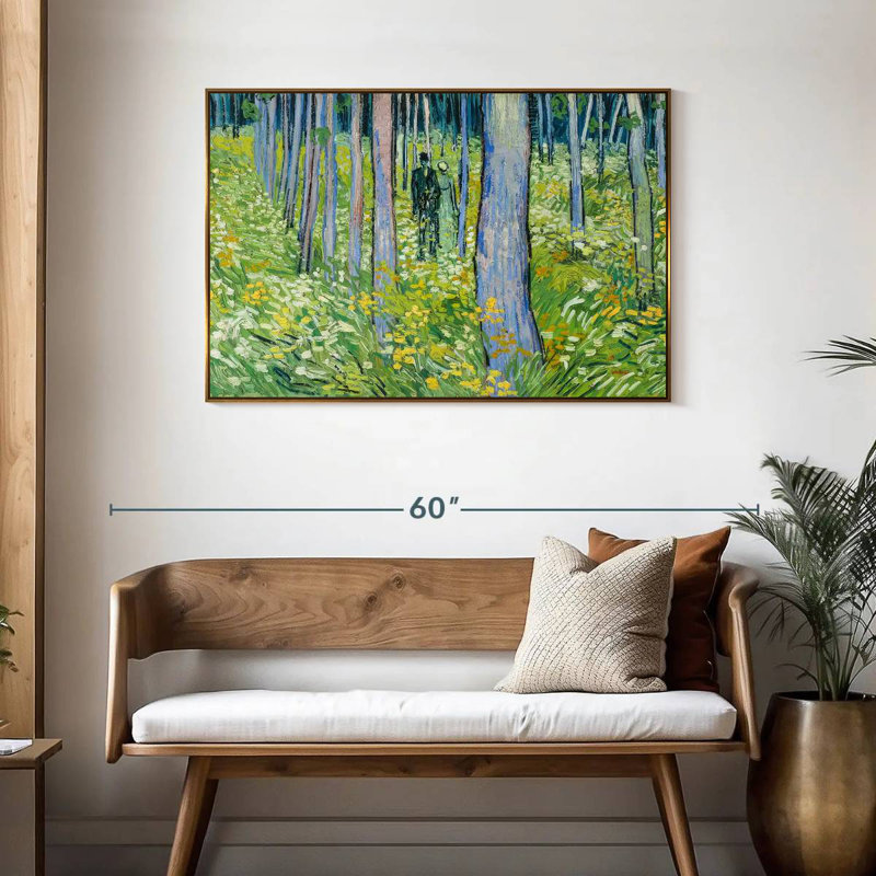 Sous-bois avec deux personnages, Cadre flottant doré, 43 po x 29 po