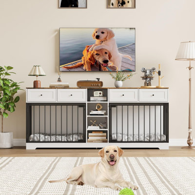 82" Wooden Dog Cage Crate Furniture TV Stand,Indoor Large Dog Kennel with 4 Drawers and Shelves, for 2 dogs，White