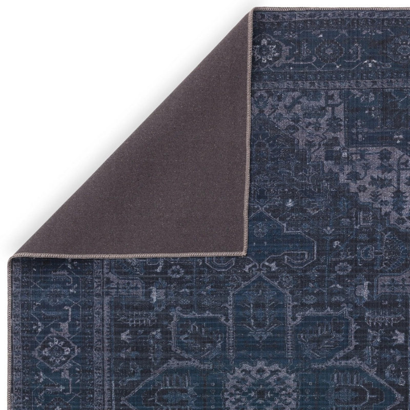 Dark Blue Traditional Persian Bordered Floral Abstract Easy To Clean Rug For Living Room And Bedroom, Chenille/Cotton