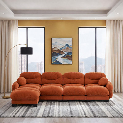 Canapé modulable deux places en chenille plissée avec assise ergonomique en mousse, accoudoirs incurvés et 2 coussins décoratifs, pouf