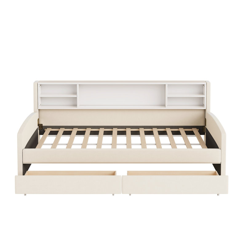 Twin Size Upholstered Platform Bed With Storage And Drawers, Beige, Beige