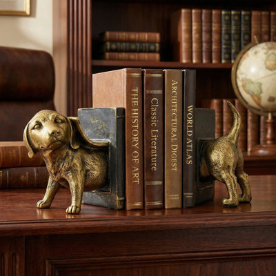 2Pcs Resin Cuty Puppy Bookends,  Sulptural Dog Book Holders With Heavy Duty & Non-Slid Pads