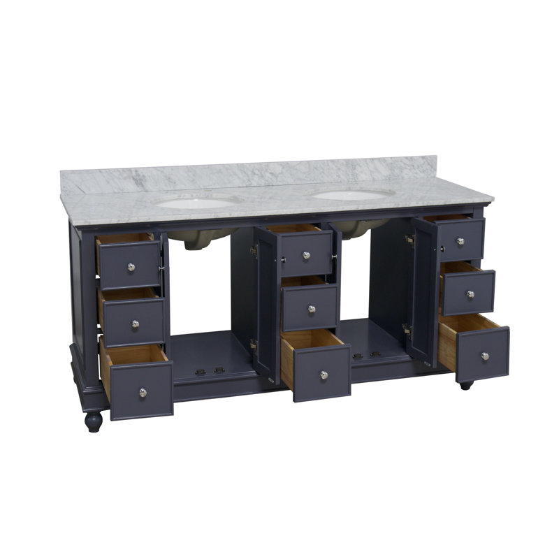 Ensemble de meuble-lavabo double 72 po Ferdinand, Gris marine, Marbre de Carrare