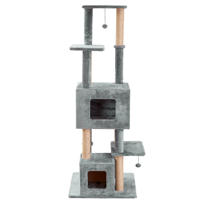 Grey Jute and Engineered Wood Freestanding Cat Tree with Condos and Perches