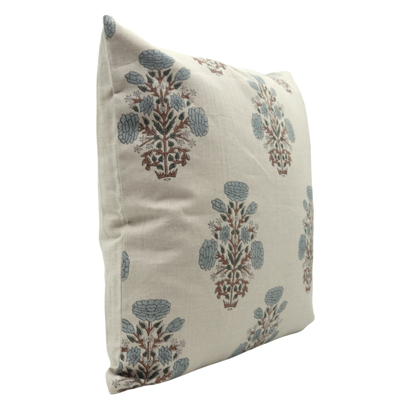 Block Print Throw Pillow Cover MNHGRTLSquare, Square 24", Blue Floral 1