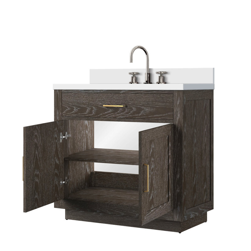 Meuble-lavabo simple en chêne 36 po X P 22 po D, plateau en marbre de culture et robinet, Brun, Doré