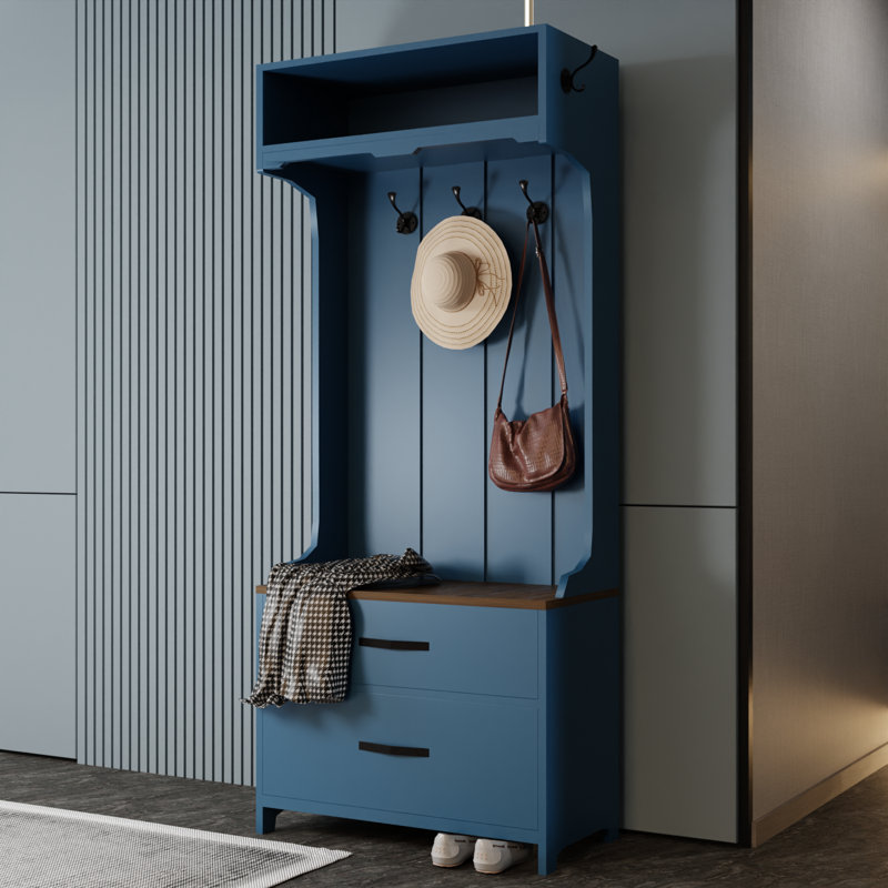 Winston Porter Blue Drawer Hall Tree With Hooks, Suitable For