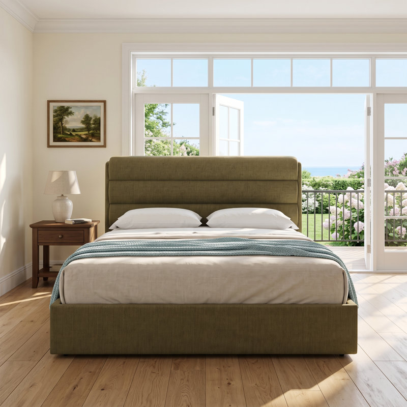 Lit plateforme tapissier avec rangement relevable, Grand, Vert olive