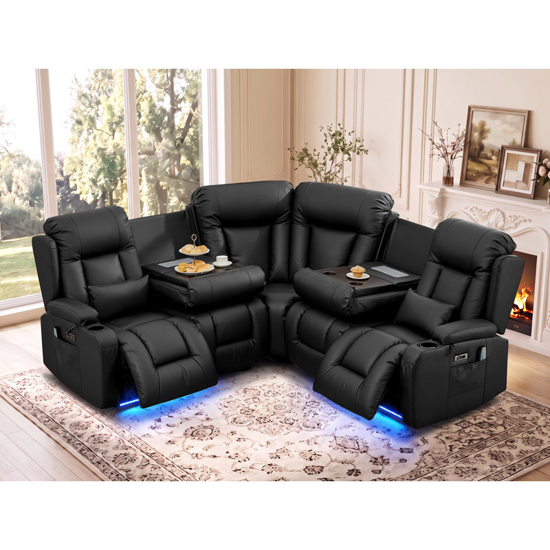 Upholstered 77 " Power Reclining L-Shaped Corner Sectional, PU Leather Black