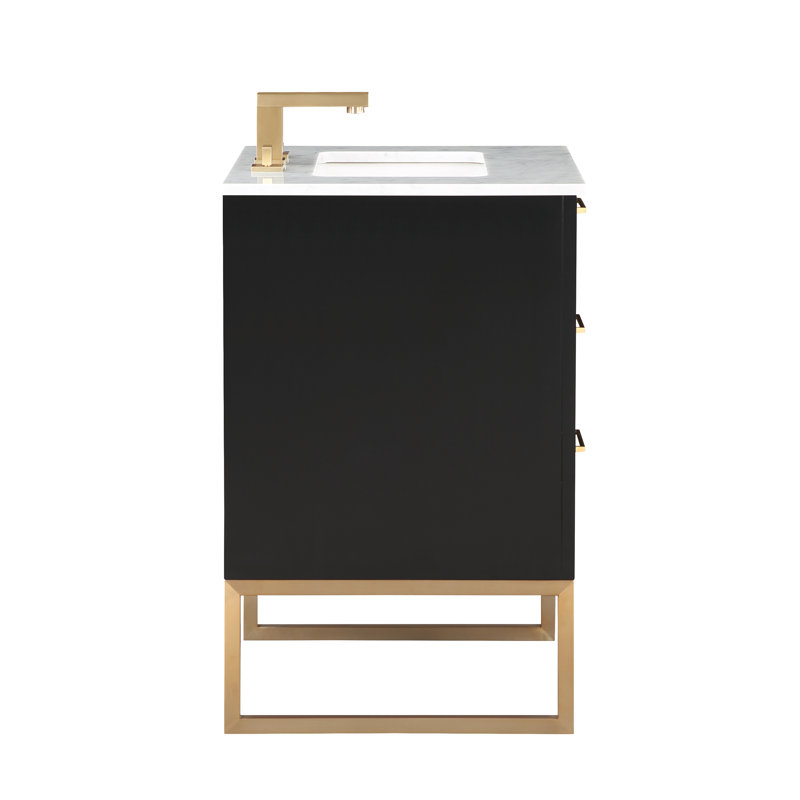 Markham 24'' W Single Vanity, Midnight Black, Carrara Marble, Satin Brass