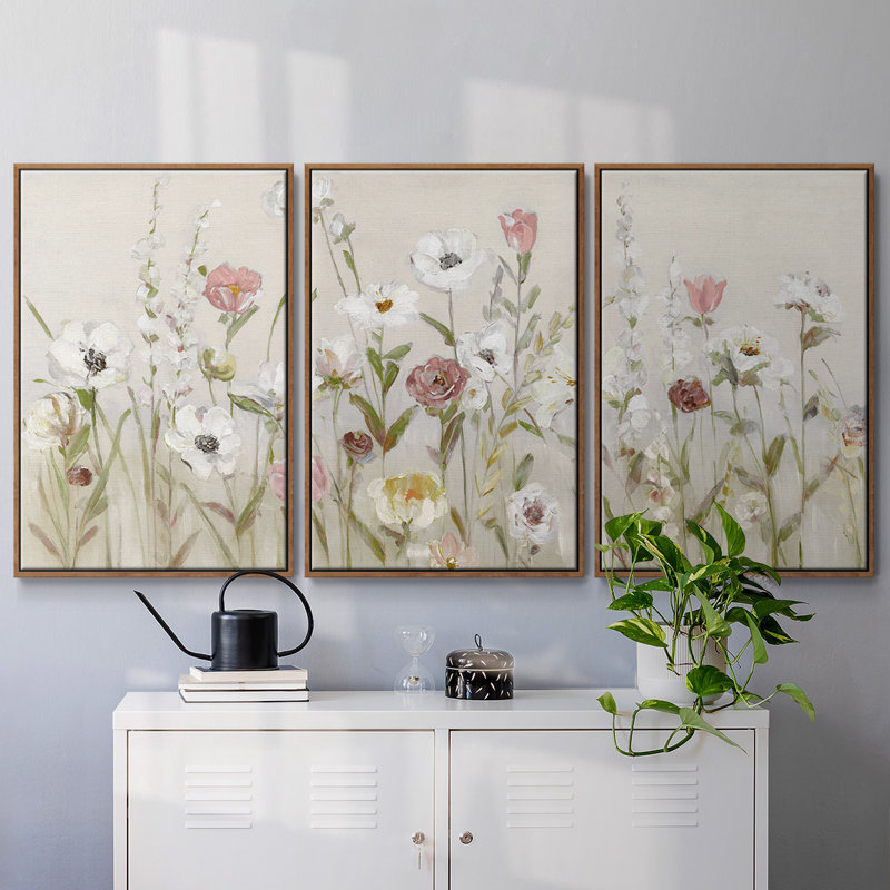 Bloomin Around - 3 pièces, reproduction encadrée sur toile, H 24 po x l 48 po x P 2 po, Noyer