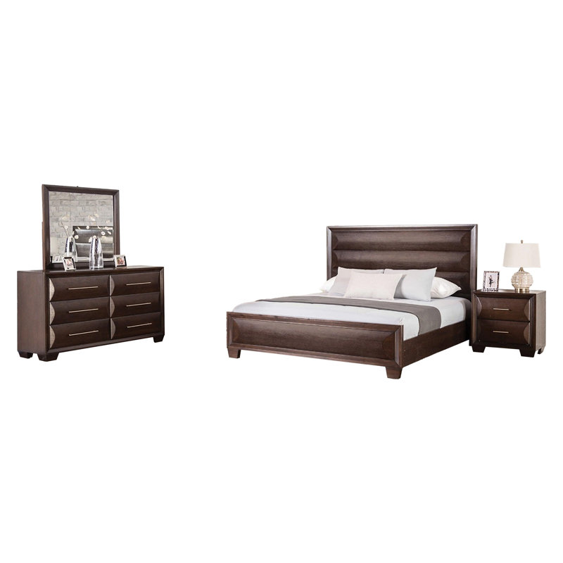 Ensemble de chambre à coucher grand lit 4 pièces Nitz, tête de lit sculptée brun espresso, Espresso brun
