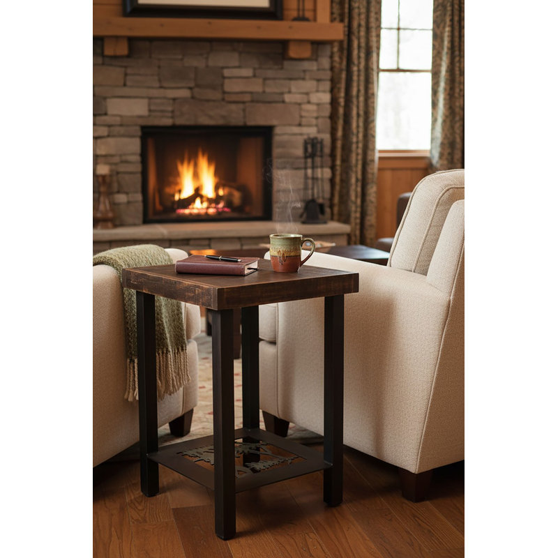 Table de bout carrée robuste en pin / teinture fer avec décor de scène d'arbre et plateau en sciure brute, Noir/vert