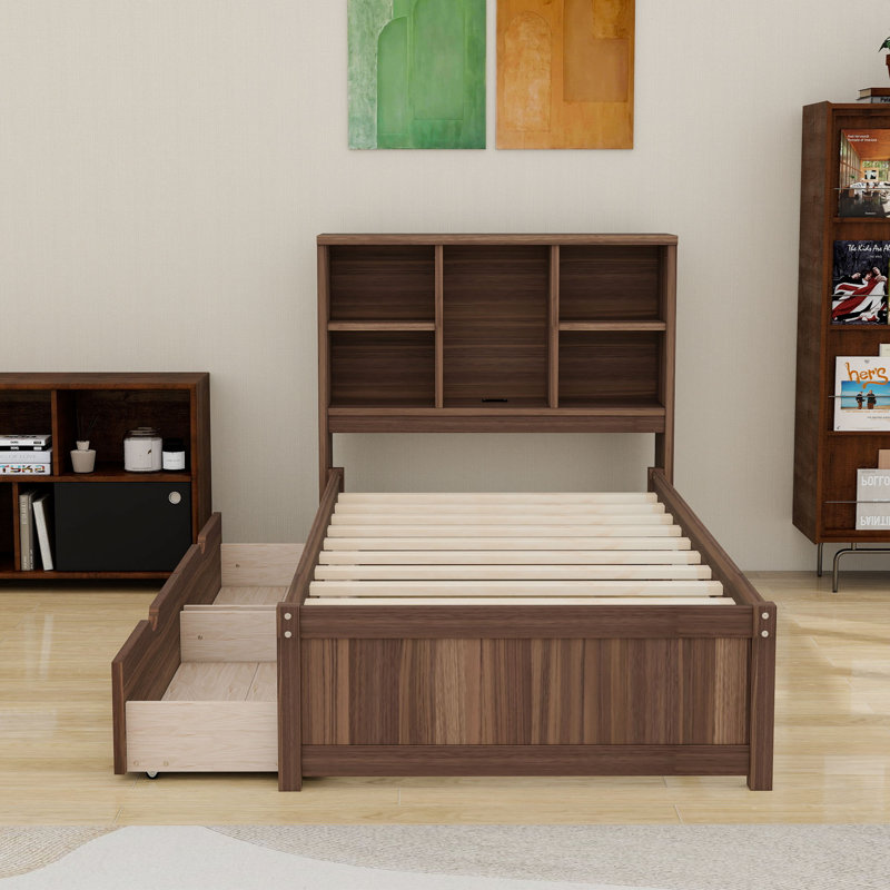 Lit en bois avec port de chargement USB et tiroirs, Noyer