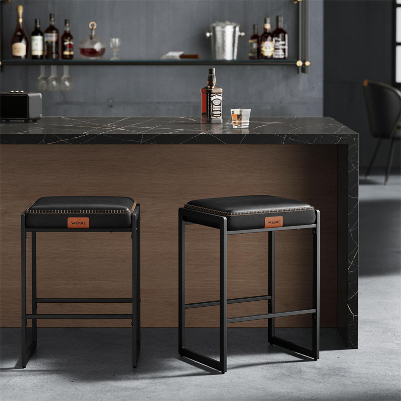 VASAGLE Black Synthetic Leather and Steel Counter Height Bar Stools, Set of 2