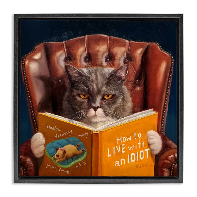 Drôle de chat lisant un livre sur toile flottant encadré par Lucia Heffernan, Cadre flottant noir de jais, H 18 po x l 18 po