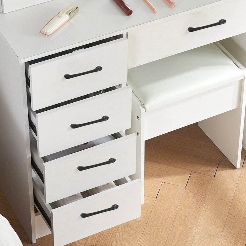 Luquantra White Vanity Desk with Lighted Mirror and LED Light Bulbs, Dressing Table with Cushioned Stool, Drawers and Storage Shelves