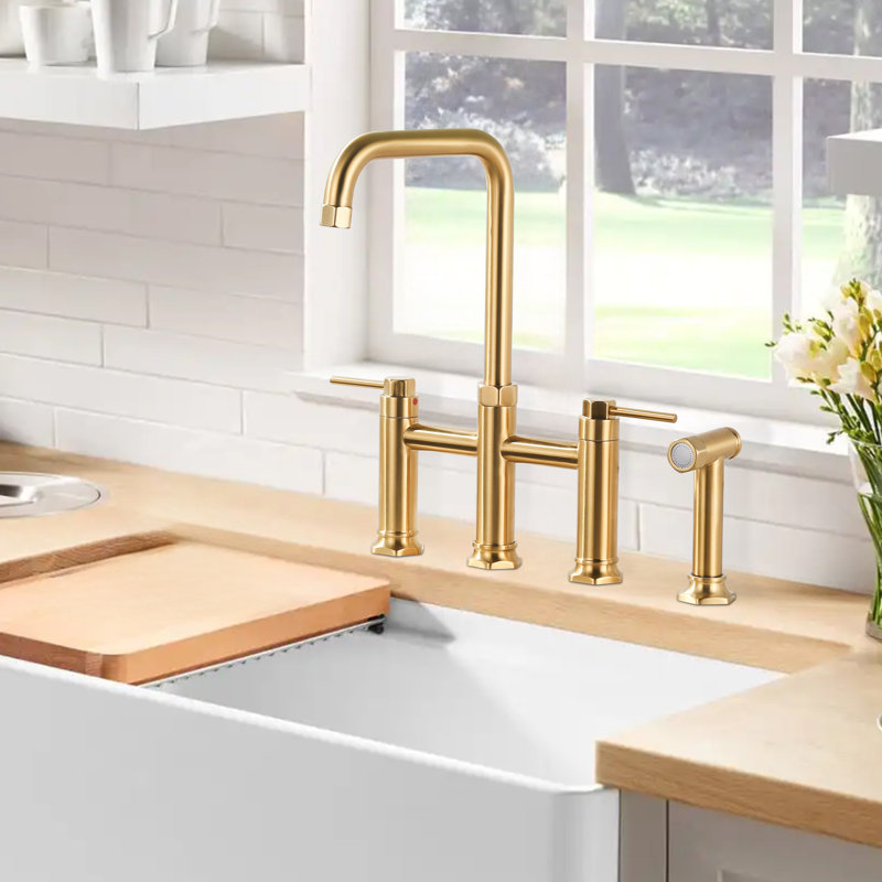 Brass 2-Handle Bridge Kitchen Faucet With Brass Side Sprayer 4-Hole Deck Mount Kitchen Faucet, Gold