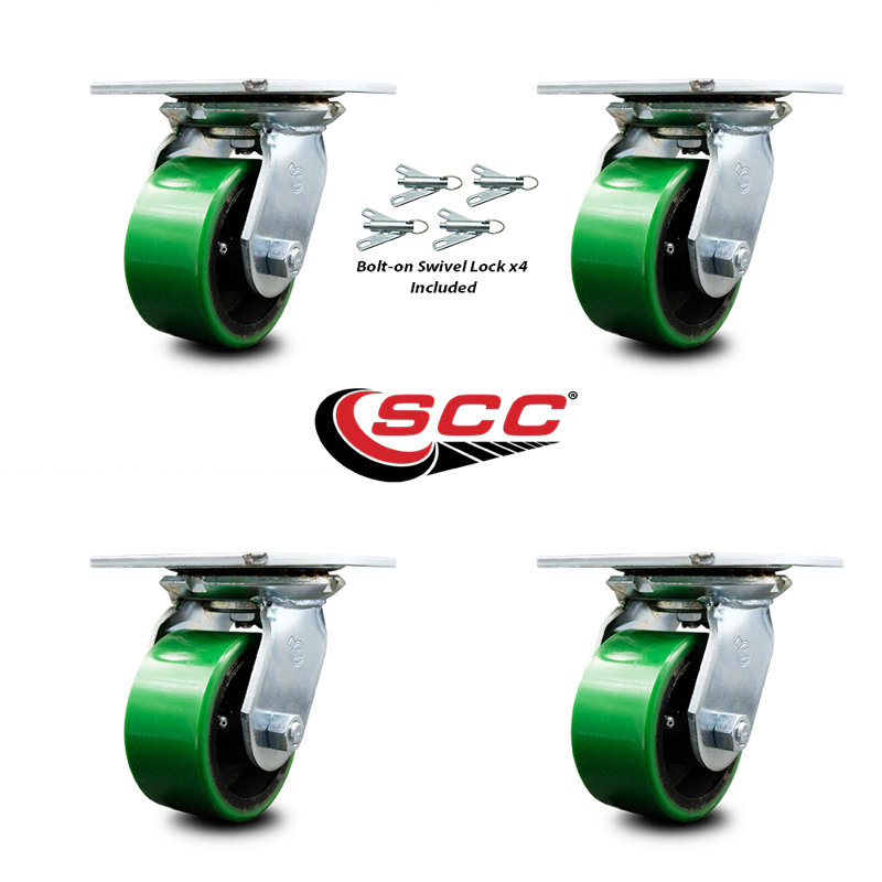 4 Inch Green Poly on Cast Iron Caster Set with Roller Bearings and Swivel Locks, Vert