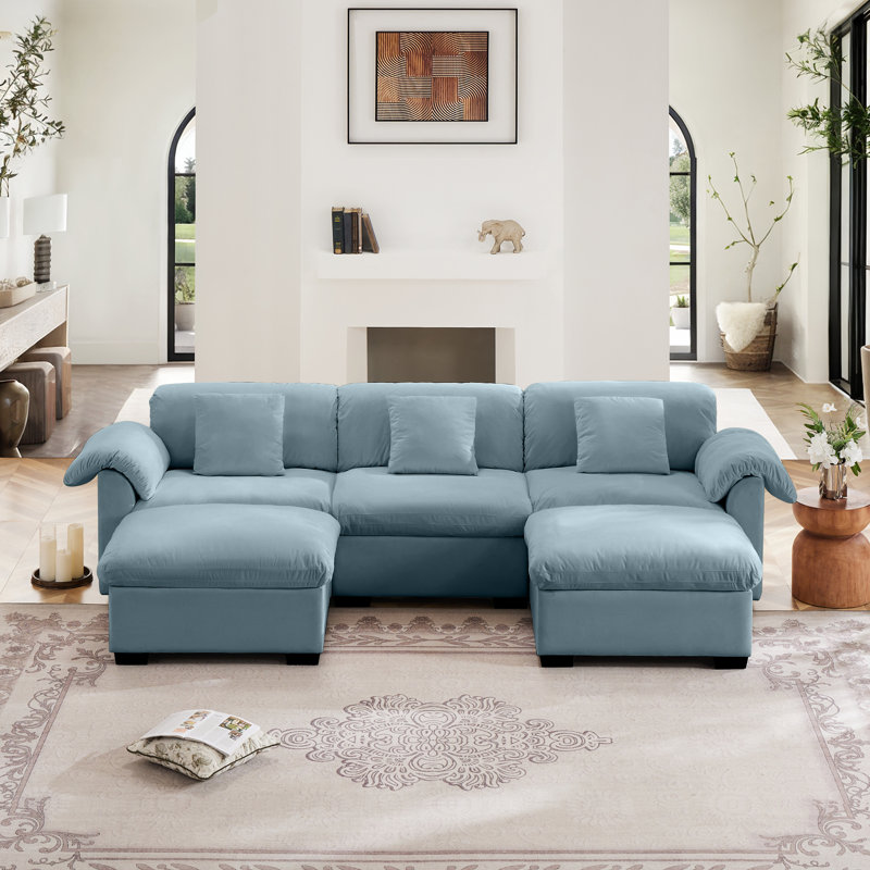 Canapé trois places en velours doux en forme de U, H 33,9 po x l 154,7 po x P 67,9 po, Bleu