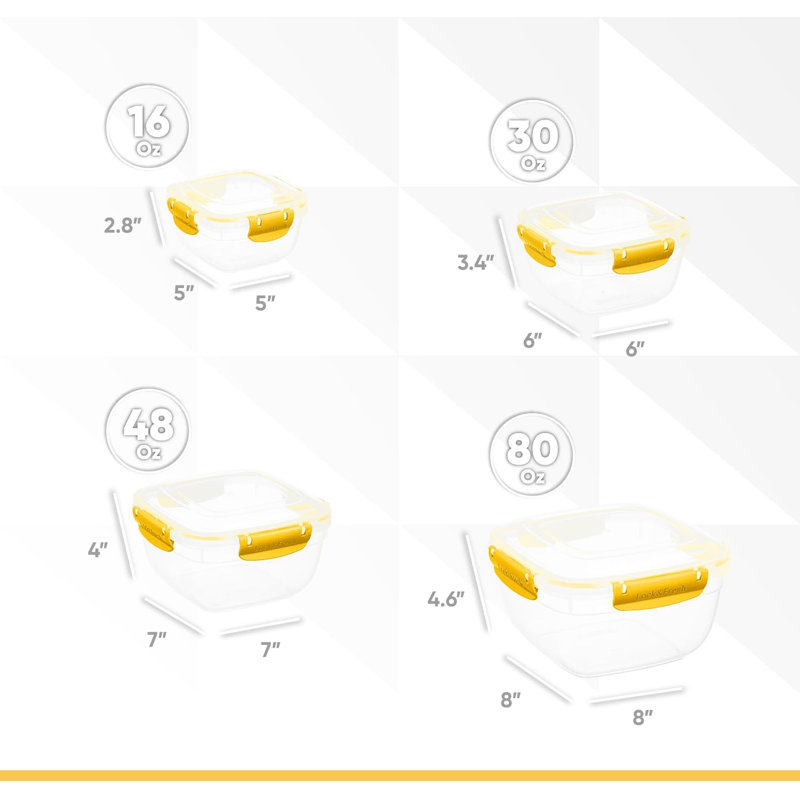 Contenants en plastique pour aliments avec couvercles hermétiques (ensemble de 4), Jaune / Transparent