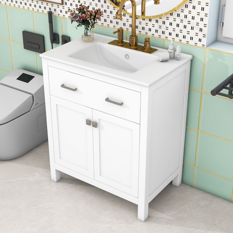 Meuble-lavabo de 30 po avec lavabo en céramique, armoire à fermeture en douceur et options de rangement polyvalentes, Blanc