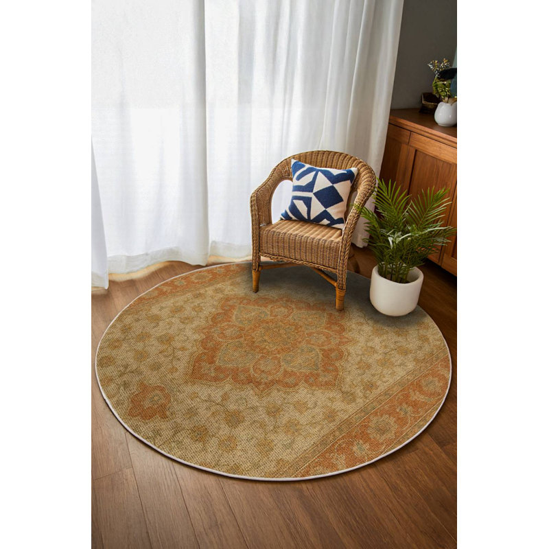 Trapp Collection Digital Print Cotton-Polyester Brown Oriental Rug, Round 3'4"