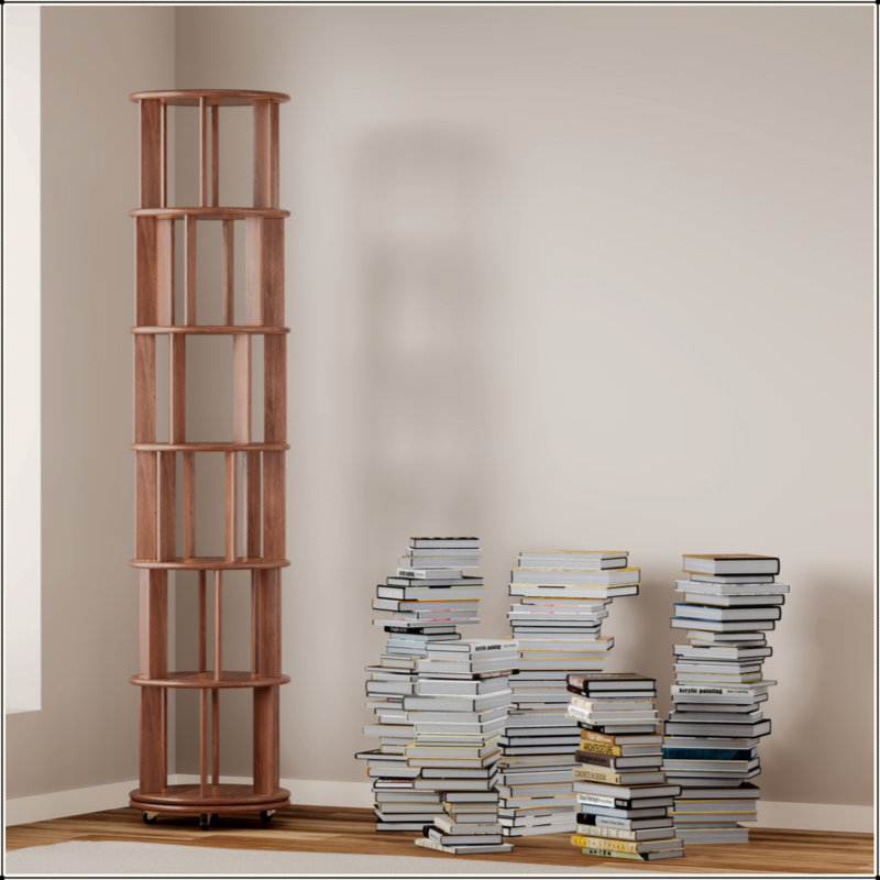 100% Solid Wood 360° Rotating Bookshelf, 6-Tier Round Revolving Book Tower with Wheels, Narrow Rolling Shelf for Small Space, Corner, Bedroom & Office